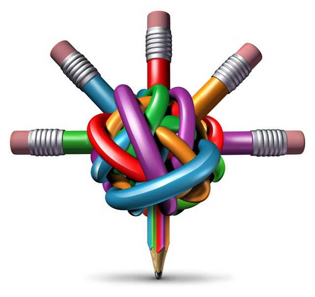 Creative management and leadership business concept as a group of tangled confused color pencils focused in a clear managed direction for team strategy resulting in imagination and innovation success.